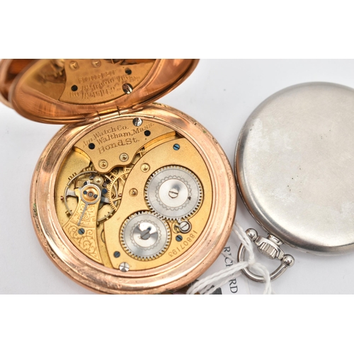 43 - AN OMEGA POCKET WATCH AND A WALTHAM POCKET WATCH, manual wind, round silver dial, signed 'Omega Fab ... 