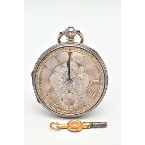 44 - A LATE VICTORIAN SILVER OPEN FACE POCKET WATCH, key wound, round floral detailed two tone dial, Roma... 