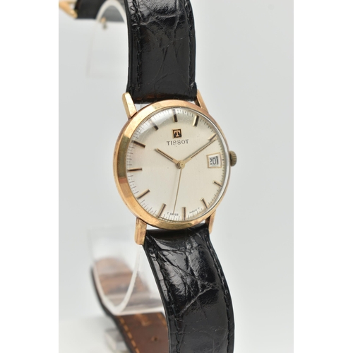 45 - A GENTS 9CT GOLD 'TISSOT' WRISTWATCH, manual wind, round silver dial signed 'Tissot', baton markers,... 