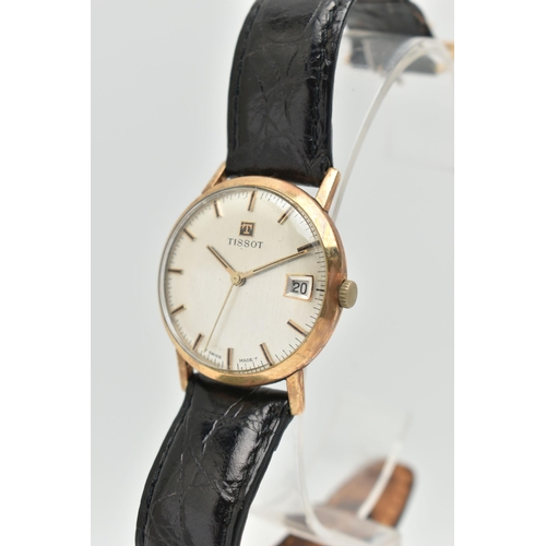 45 - A GENTS 9CT GOLD 'TISSOT' WRISTWATCH, manual wind, round silver dial signed 'Tissot', baton markers,... 