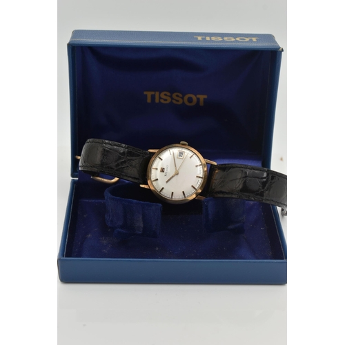 45 - A GENTS 9CT GOLD 'TISSOT' WRISTWATCH, manual wind, round silver dial signed 'Tissot', baton markers,... 