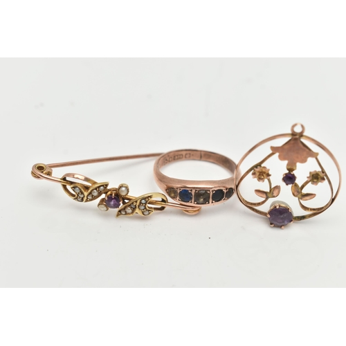 47 - THREE EARLY 20TH CENTURY JEWELLERY ITEMS, to include an open work lavalier pendant, set with two cir... 