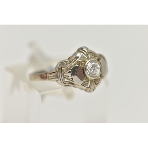 54 - A SINGLE STONE DIAMOND RING, designed as a central old cut diamond within a pierced geometric style ... 