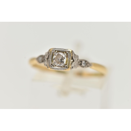 56 - A DIAMOND RING, designed as a round brilliant cut diamond within a square setting with diamond detai... 