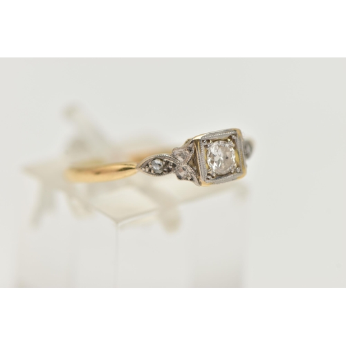 56 - A DIAMOND RING, designed as a round brilliant cut diamond within a square setting with diamond detai... 