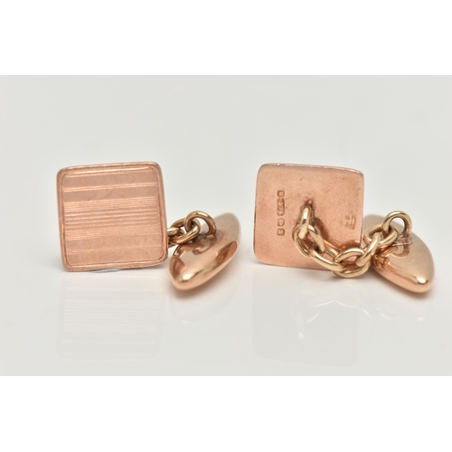 6 - A PAIR OF 9CT GOLD CUFFLINKS, each designed as a square panel with banded decoration, to the chain a... 