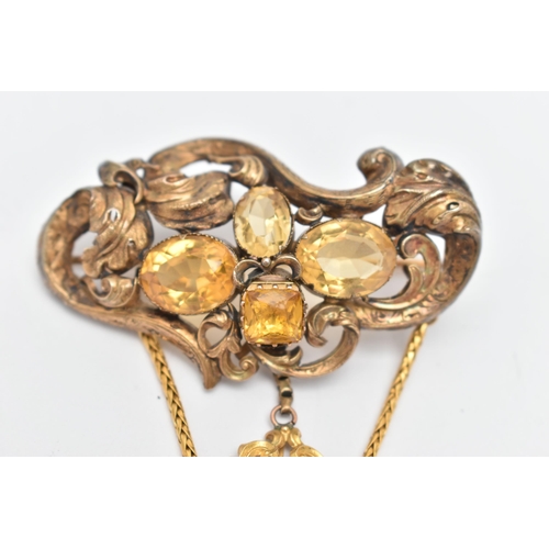 61 - A VICTORIAN YELLOW METAL CITRINE DROP BROOCH, scrolling foliate brooch set with oval and square cut ... 