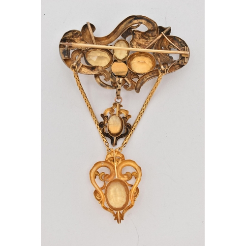 61 - A VICTORIAN YELLOW METAL CITRINE DROP BROOCH, scrolling foliate brooch set with oval and square cut ... 