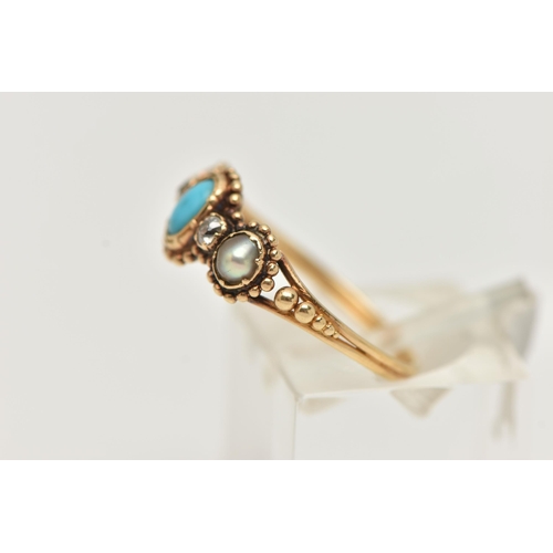 65 - A LATE VICTORIAN, GEM SET RING, set with a central, oval cut turquoise cabochon, flanked with two ol... 