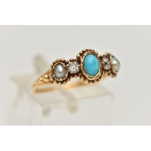 65 - A LATE VICTORIAN, GEM SET RING, set with a central, oval cut turquoise cabochon, flanked with two ol... 