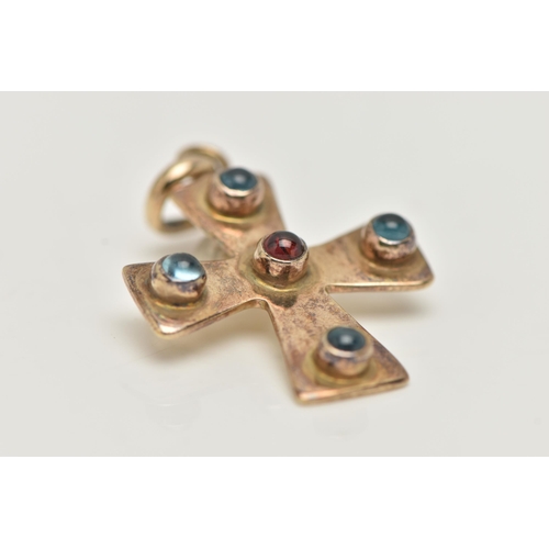 68 - A YELLOW METAL CROSS PENDANT, polished cross set with a central garnet cabochon and four blue topaz ... 