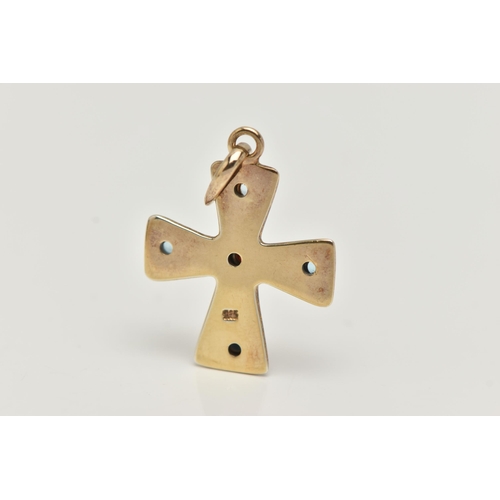 68 - A YELLOW METAL CROSS PENDANT, polished cross set with a central garnet cabochon and four blue topaz ... 