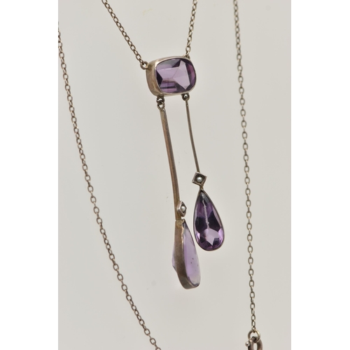 70 - A WHITE METAL AMETHYST DROP PENDANT NECKLACE, the pendant set with a cushion cut amethyst cabochon, ... 