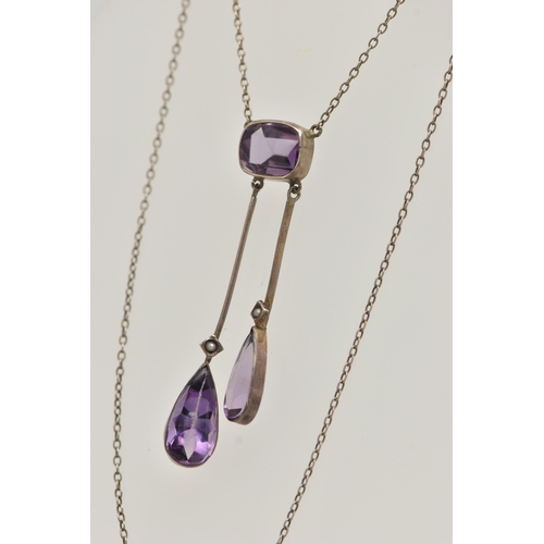 70 - A WHITE METAL AMETHYST DROP PENDANT NECKLACE, the pendant set with a cushion cut amethyst cabochon, ... 