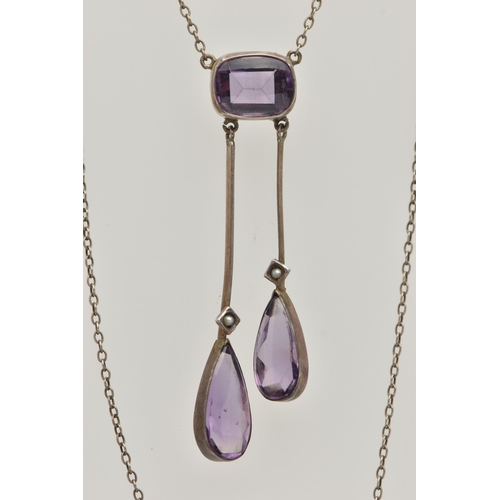 70 - A WHITE METAL AMETHYST DROP PENDANT NECKLACE, the pendant set with a cushion cut amethyst cabochon, ... 