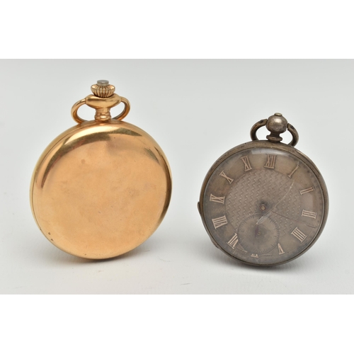 77 - TWO POCCKET WATCHES, a white metal open face pocket watch, key wound movement, engine turned pattern... 