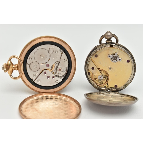 77 - TWO POCCKET WATCHES, a white metal open face pocket watch, key wound movement, engine turned pattern... 