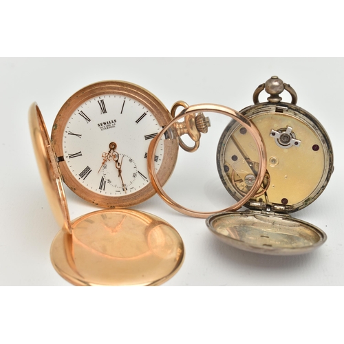 77 - TWO POCCKET WATCHES, a white metal open face pocket watch, key wound movement, engine turned pattern... 