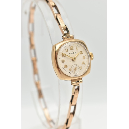 9 - A 1950'S 9CT GOLD HIRCO WRISTWATCH, the circular white/cream dial with gold coloured Arabic numerals... 