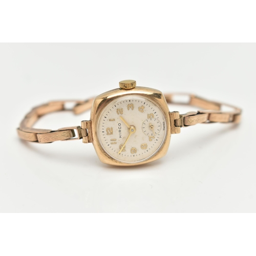 9 - A 1950'S 9CT GOLD HIRCO WRISTWATCH, the circular white/cream dial with gold coloured Arabic numerals... 