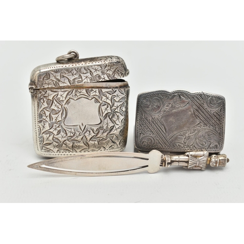 100 - A SILVER VESTA CASE, PILL BOX AND A BOOK MARK, square vesta with ivy leaf pattern and vacant cartouc... 