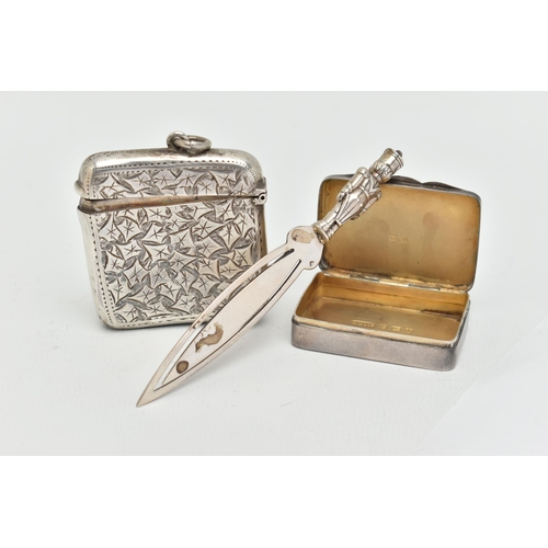 100 - A SILVER VESTA CASE, PILL BOX AND A BOOK MARK, square vesta with ivy leaf pattern and vacant cartouc... 