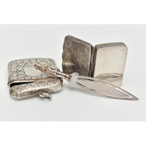 100 - A SILVER VESTA CASE, PILL BOX AND A BOOK MARK, square vesta with ivy leaf pattern and vacant cartouc... 