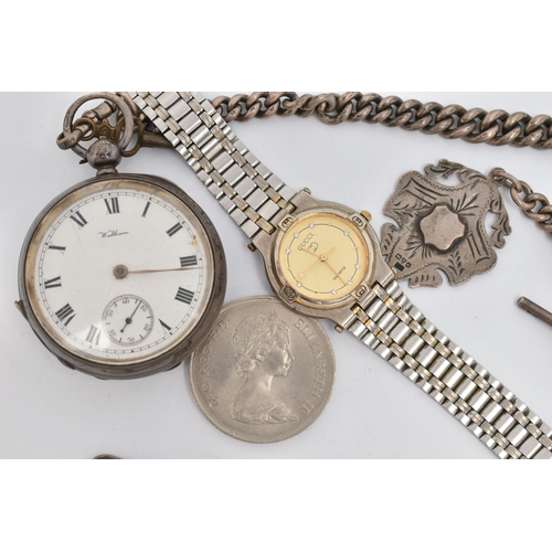 112 - A SILVER 'WALTHAM' POCKET WATCH AND ALBERT CHAIN, key wound, open face pocket watch, round white dia... 