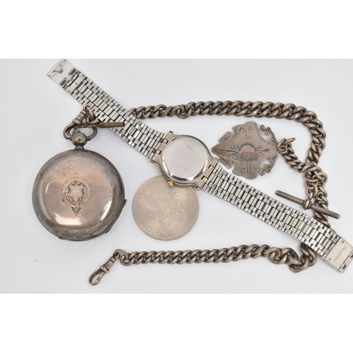 112 - A SILVER 'WALTHAM' POCKET WATCH AND ALBERT CHAIN, key wound, open face pocket watch, round white dia... 