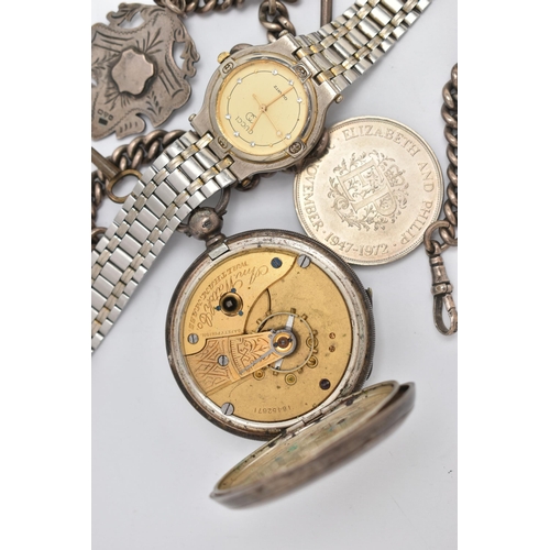 112 - A SILVER 'WALTHAM' POCKET WATCH AND ALBERT CHAIN, key wound, open face pocket watch, round white dia... 