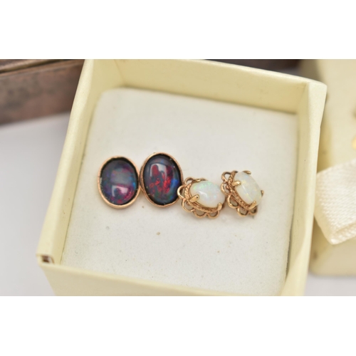 114 - TWO PAIRS OF EARRINGS AND A SILVER ‘MAPPIN & WEBB’ CURLING TONG HEATER, a pair of opal triplet earri... 