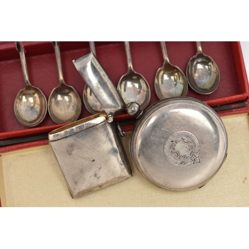 116 - A SELECTION OF SILVERWARE, to include an early 20th century silver vesta case, with engraved scrolli... 