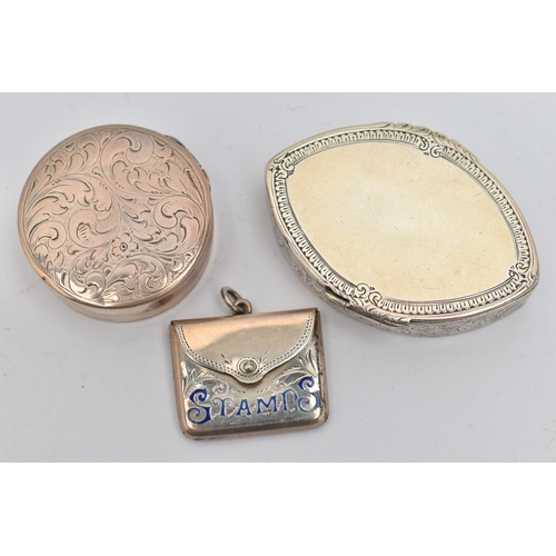 118 - 'A GEORGE V SILVER AND ENAMEL ENVELOPE 'STAMPS' CASE AND TWO SMALL SILVER BOXES, the stamp case with... 