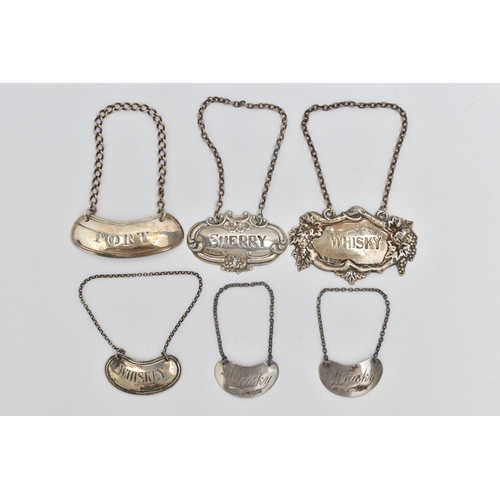 120 - SIX SILVER DECANTER AND TOT LABELS, comprising an early 19th century Scottish 'PORT' label, makers m... 