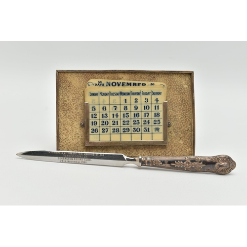 122 - A GEORGE V SILVER MOUNTED SHAGREEN PERPETUAL DESK CALENDAR OF RECTANGULAR FORM, with seven double si... 