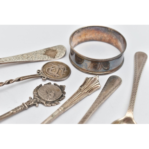 123 - A SMALL PARCEL OF VICTORIAN AND 20TH CENTURY SILVER, including a circular napkin ring, engraved init... 