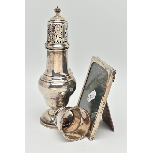 124 - THREE PIECES OF 20TH CENTURY SILVER, comprising a George VI sugar caster of baluster form, foliate p... 