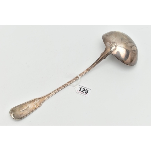 125 - A GEORGE III SILVER FIDDLE, THREAD & SHELL PATTERN SOUP LADLE, makers William Eley  & William Fearn,... 