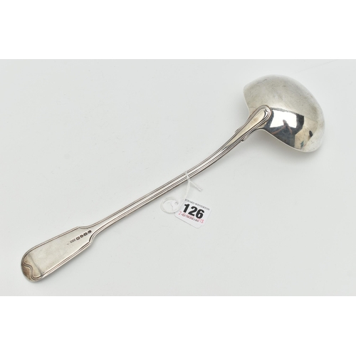 126 - A LATE GEORGIAN SILVER LADLE, with fiddle and thread pattern to the terminal, hallmark for London 18... 