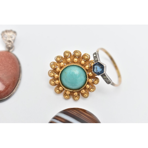 81 - A SMALL ASSORTMENT OF ITEMS, to include a yellow metal open work lavalier pendant, set with garnet a... 