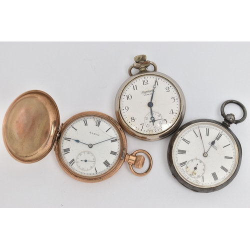 83 - THREE POCKET WATCHES, to include an gold plated, manual wind, 'Elgin' full hunter pocket watch, engr... 