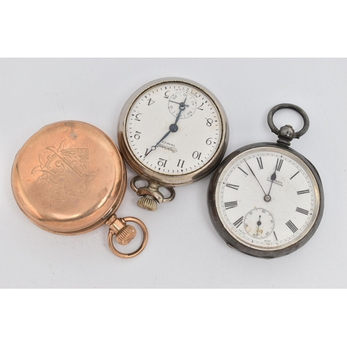 83 - THREE POCKET WATCHES, to include an gold plated, manual wind, 'Elgin' full hunter pocket watch, engr... 