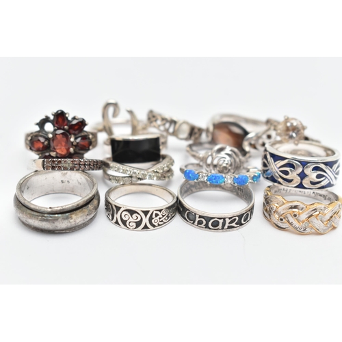 85 - ASSORTED WHITE METAL RINGS, fifteen in total, various designs, some set with semi-precious stones et... 