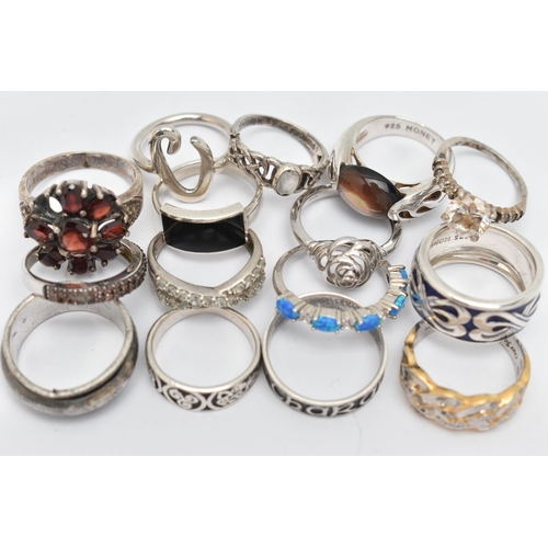 85 - ASSORTED WHITE METAL RINGS, fifteen in total, various designs, some set with semi-precious stones et... 