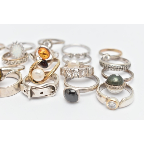 86 - ASSORTED WHITE METAL RINGS, nineteen in total, various designs, some set with semi-precious stones e... 