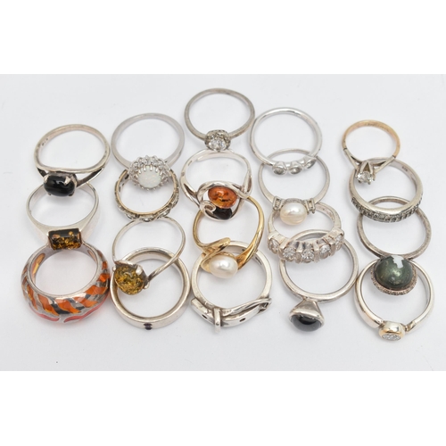 86 - ASSORTED WHITE METAL RINGS, nineteen in total, various designs, some set with semi-precious stones e... 