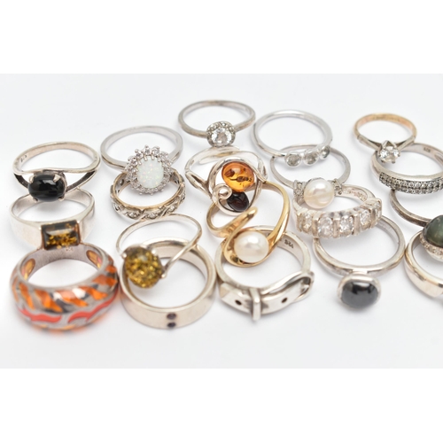 86 - ASSORTED WHITE METAL RINGS, nineteen in total, various designs, some set with semi-precious stones e... 