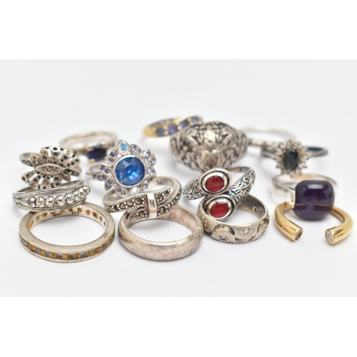 87 - ASSORTED WHITE METAL RINGS, fifteen in total, various designs, some set with semi-precious stones et... 