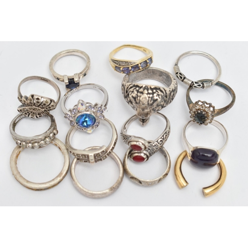 87 - ASSORTED WHITE METAL RINGS, fifteen in total, various designs, some set with semi-precious stones et... 