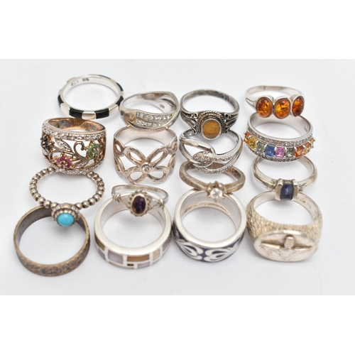 88 - ASSORTED WHITE METAL RINGS, sixteen in total, various designs, some set with semi-precious stones et... 